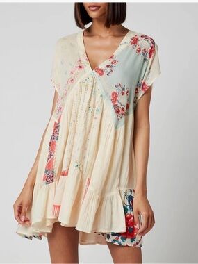 Boho Mini Dress Y2k Floral Print Deep V-Neck Puff Sleeve babydoll dress